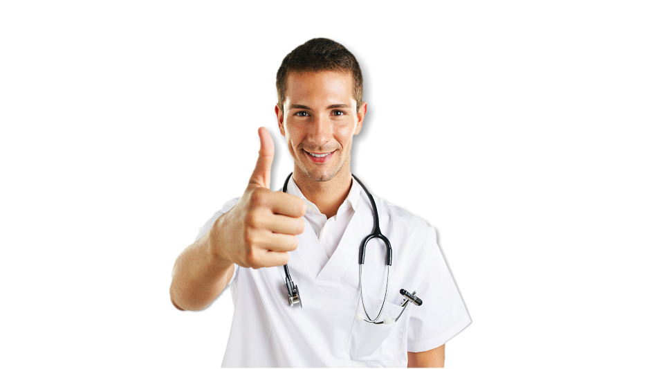 A doctor extending his hand for a handshake together with his fellow doctors