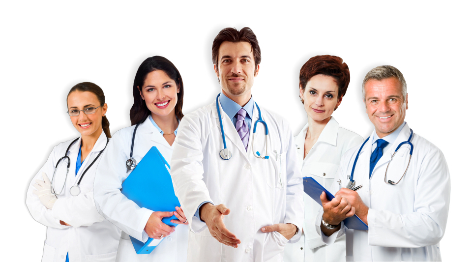 A doctor extending his hand for a handshake together with his fellow doctors