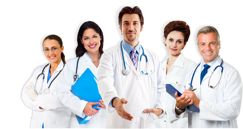 A doctor extending his hand for a handshake together with his fellow doctors