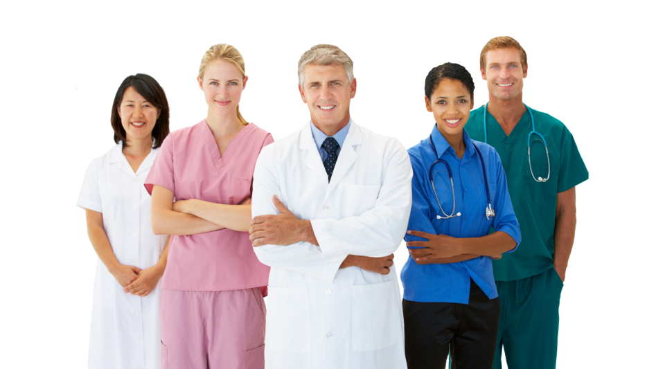 A doctor extending his hand for a handshake together with his fellow doctors